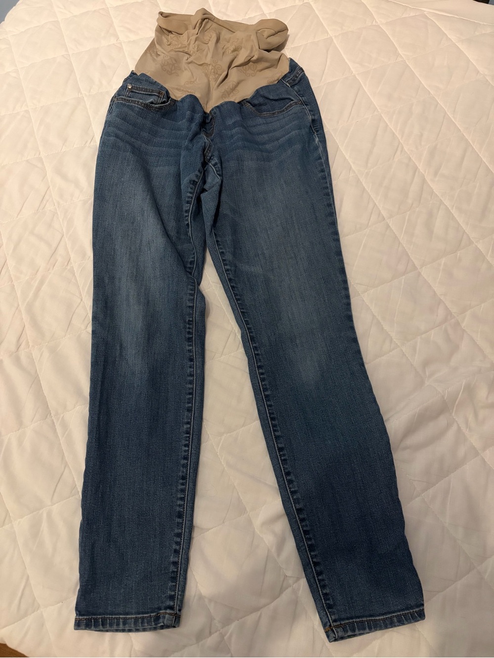 Jessica Simpson Blue Denim Straight-Leg Maternity Jeans with Beige Panel